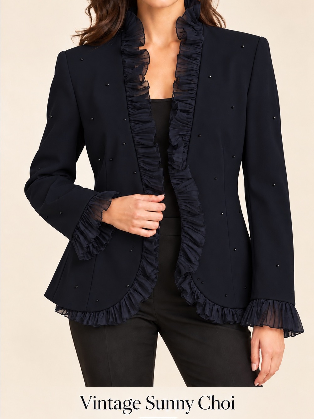 Sunny Choi Women's Navy Ruffle Trim Blazer good for 2/4
